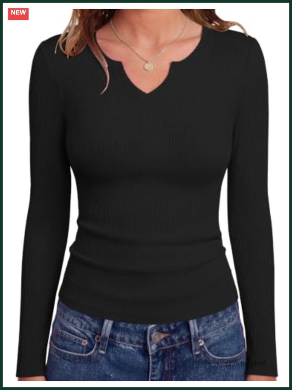 Women's Long Sleeve Rib Knit Slim Fit V-Neck Tee